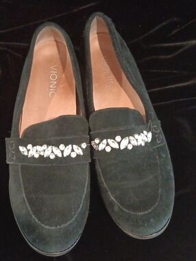 Vionic Black Suede Loafers with Crystal Accent